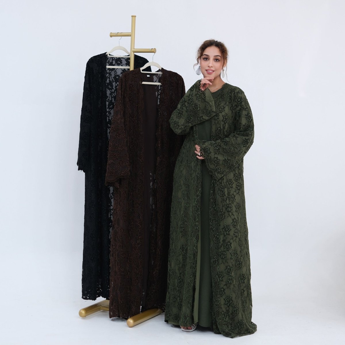 Floral Lace Open Abaya with Lining(MOA329) - Mariam's Collection