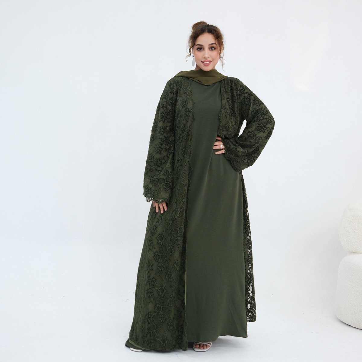 Floral Lace Open Abaya with Lining(MOA329) - Mariam's Collection