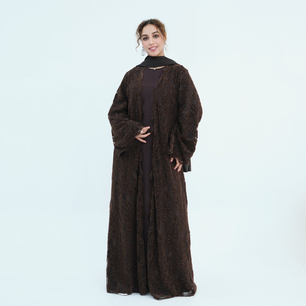 Floral Lace Open Abaya with Lining(MOA329) - Mariam's Collection