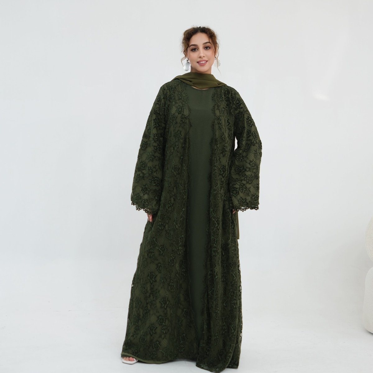 Floral Lace Open Abaya with Lining(MOA329) - Mariam's Collection