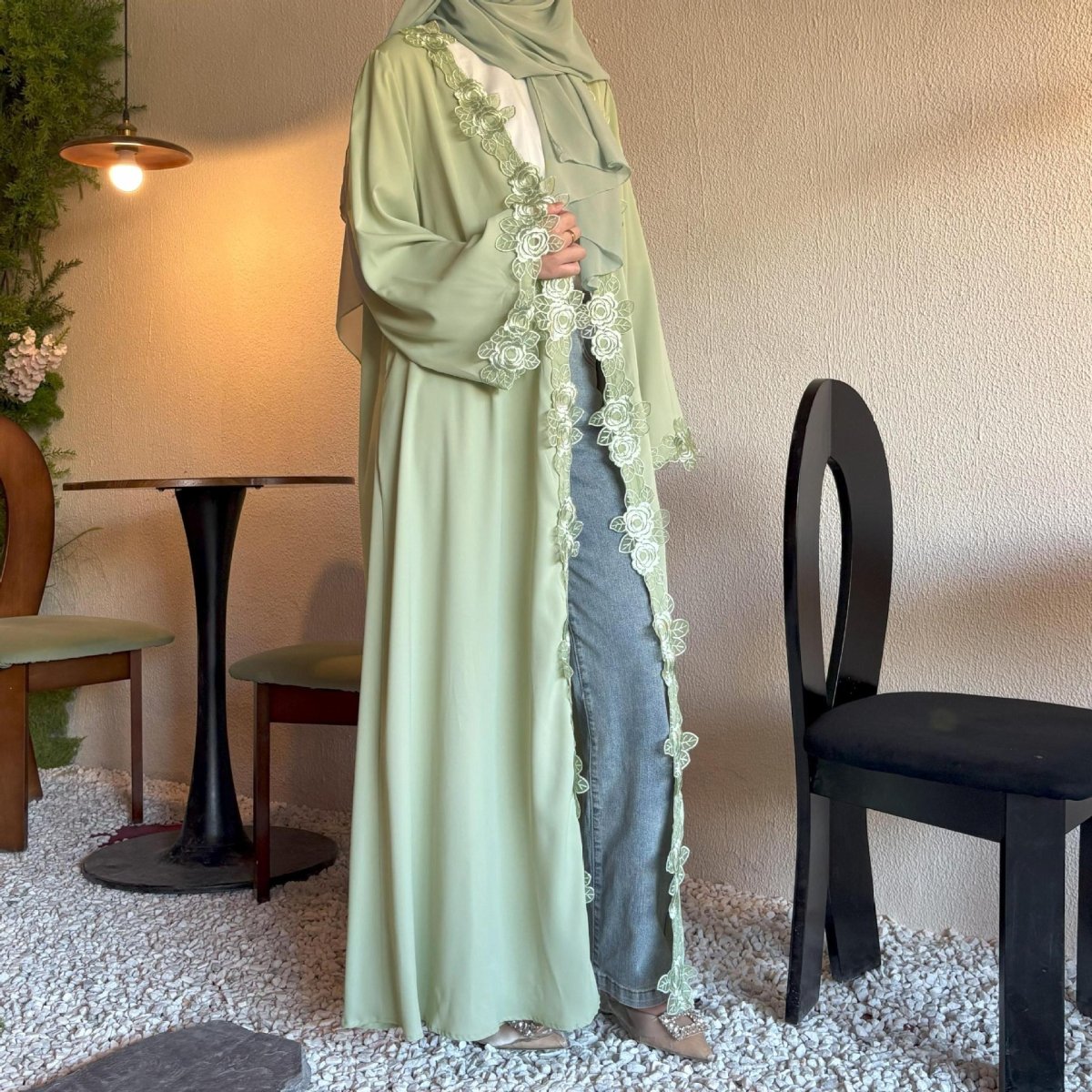 Floral Lace Trim Abaya with Hijab(MOA264) - Mariam's Collection