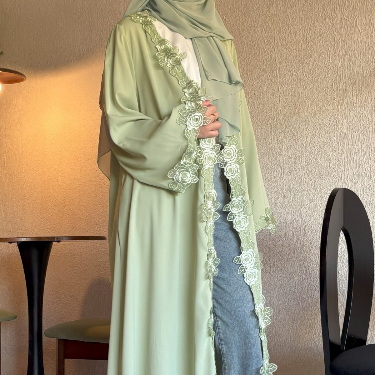Floral Lace Trim Abaya with Hijab(MOA264) - Mariam's Collection
