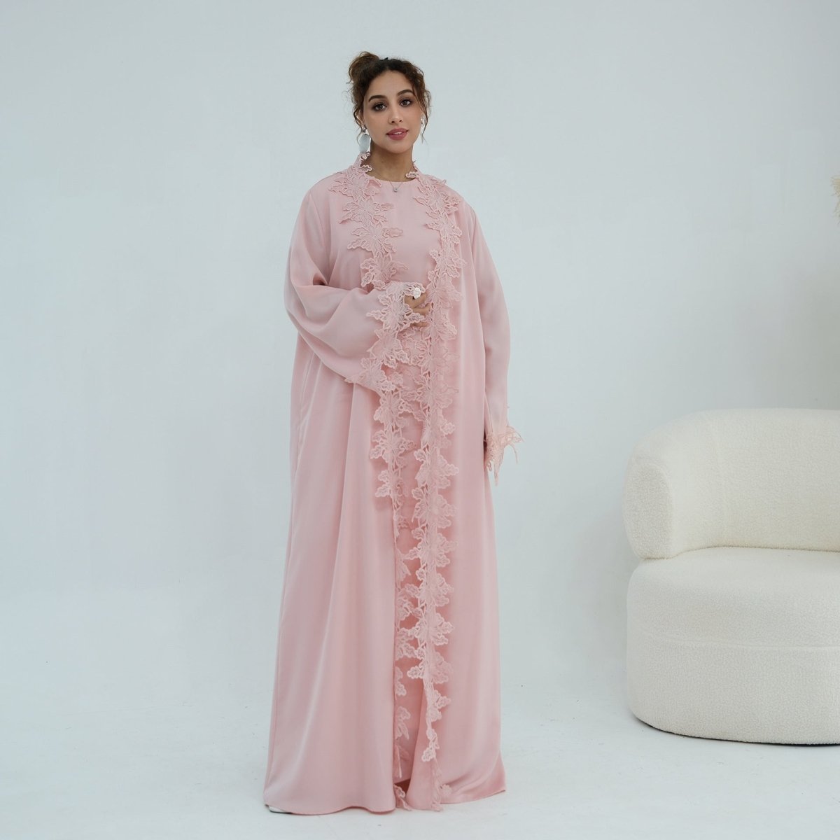 Back view of floral lace open abaya cardigan