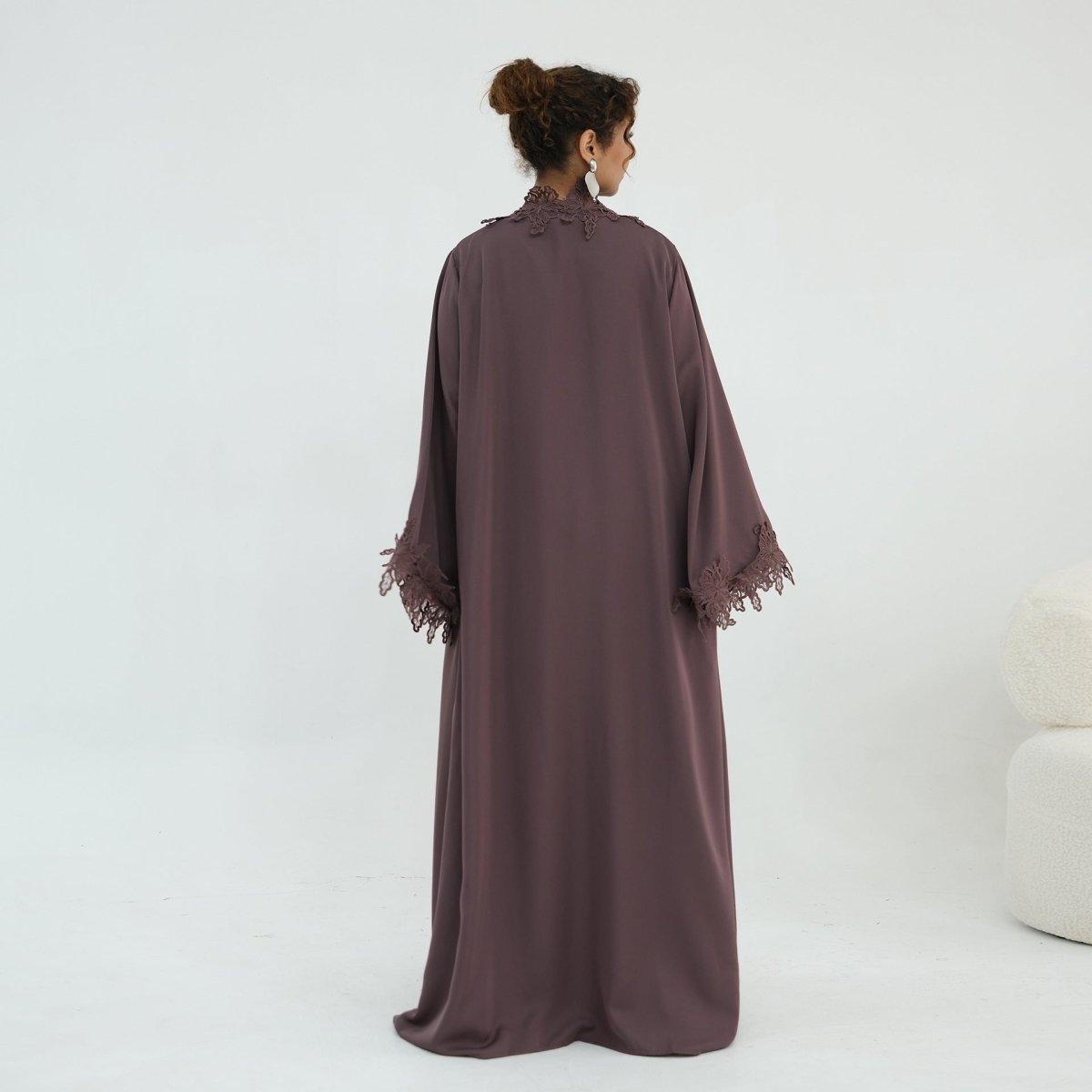 Full-length view of 2-piece lace trim abaya set