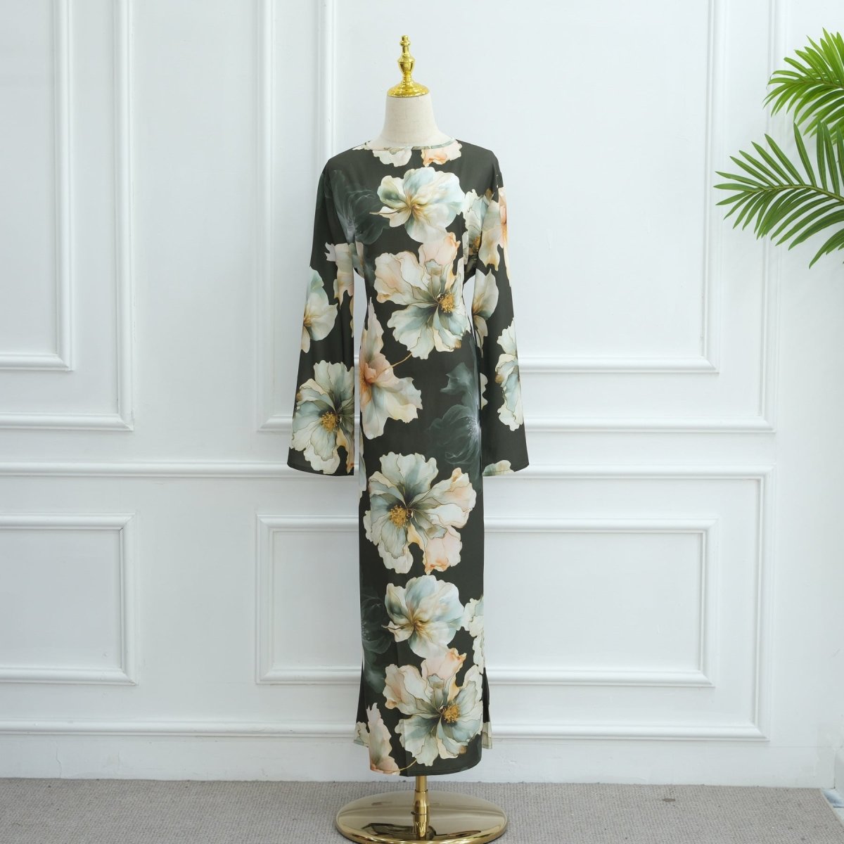 Floral Print Abaya with Bell Sleeves(MA332) - Mariam's Collection