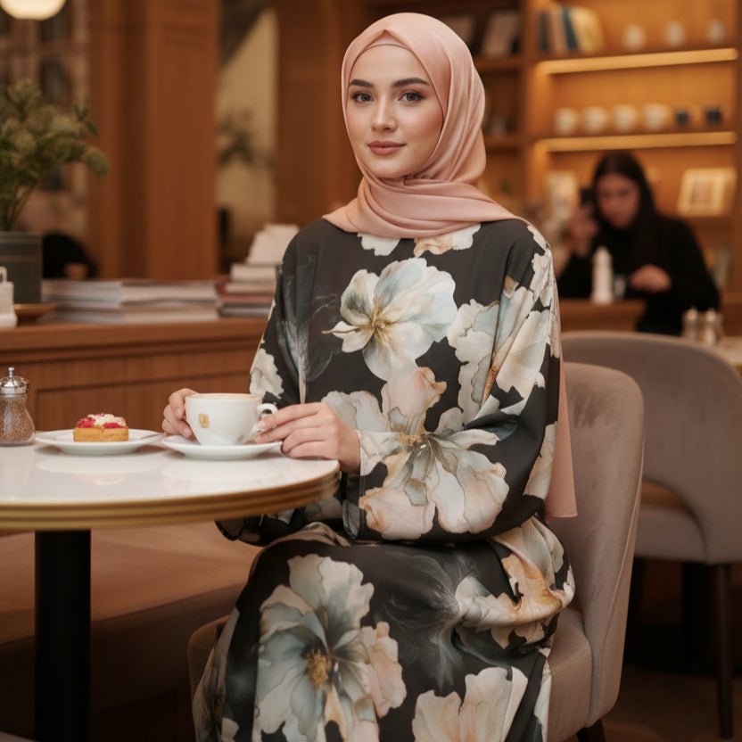 Floral Print Abaya with Bell Sleeves(MA332) - Mariam's Collection