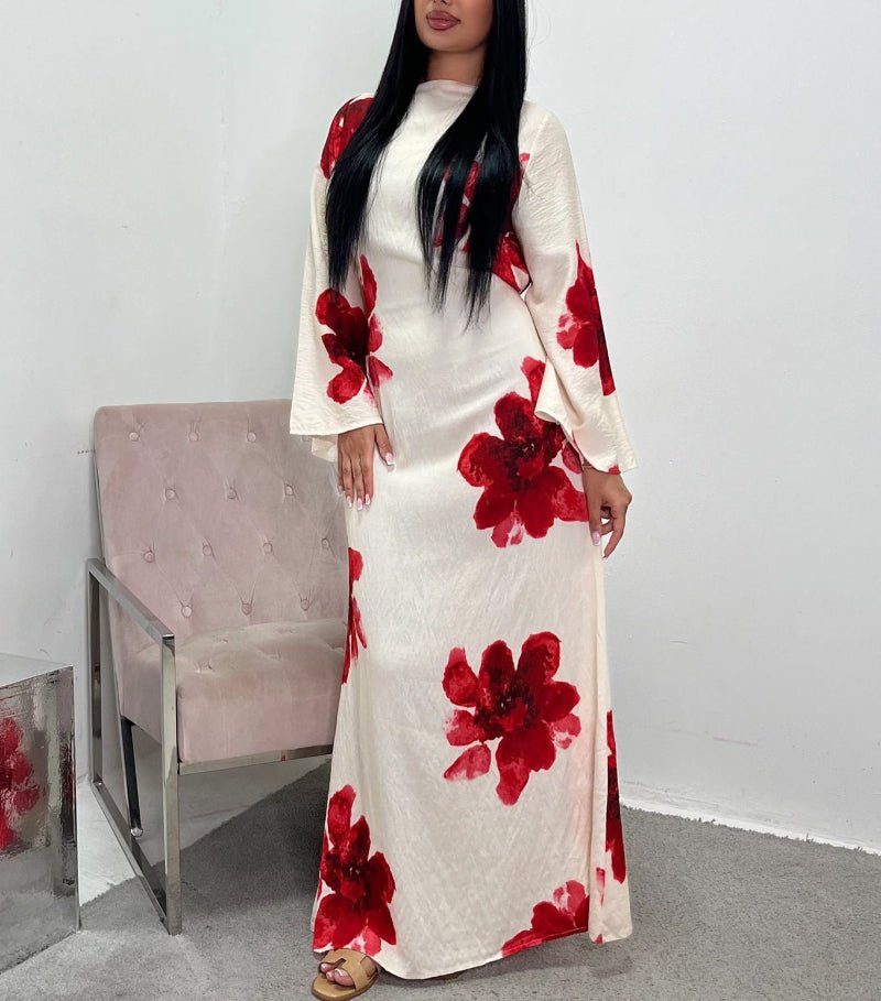 Floral Print Bell Sleeve Maxi Dress Abaya. (MA214) - Mariam's Collection