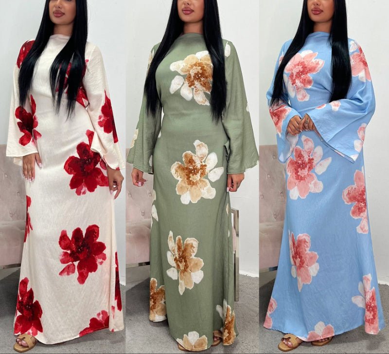 Floral Print Bell Sleeve Maxi Dress Abaya. (MA214) - Mariam's Collection