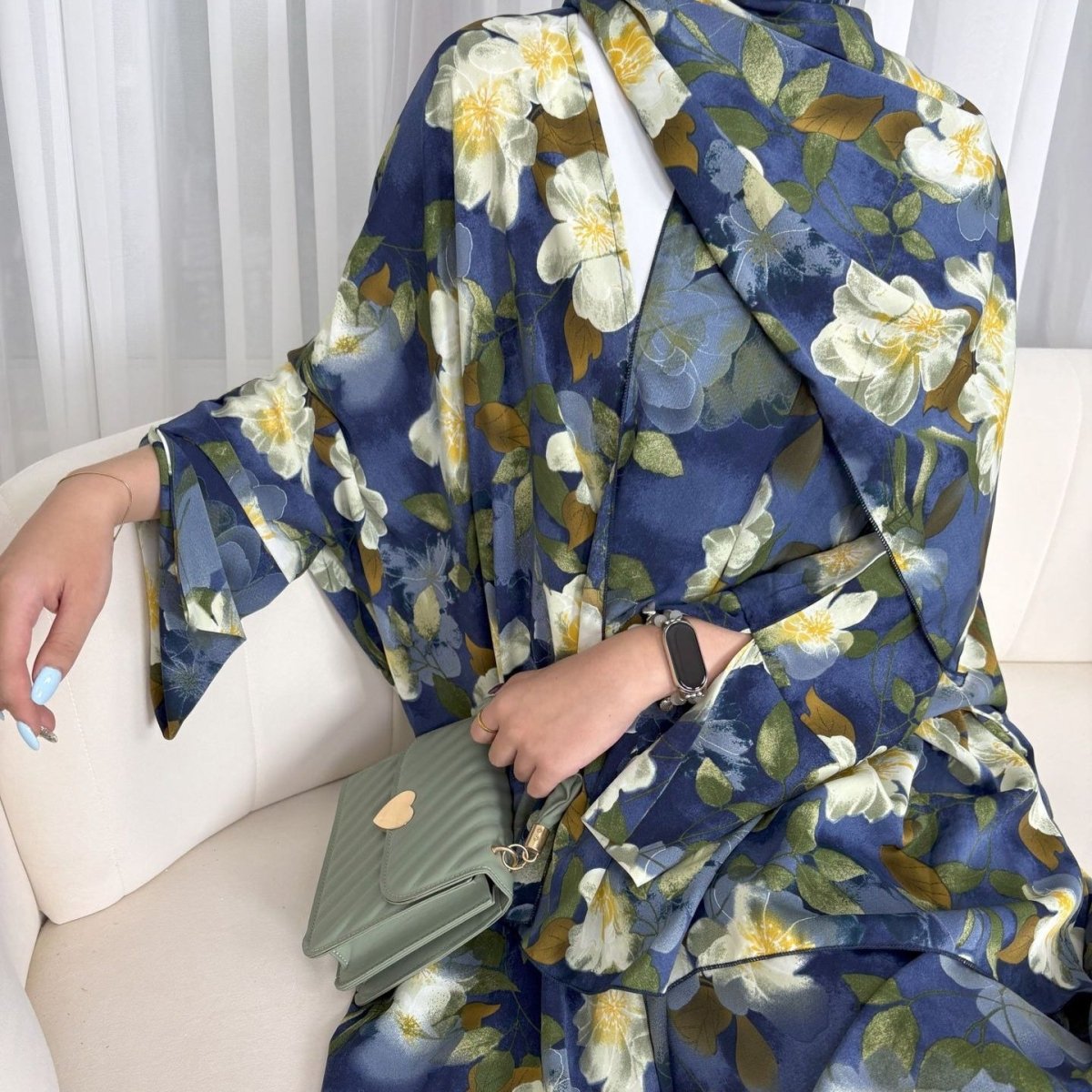 Floral Print Butterfly Sleeve Abaya Set | Resort Style Open - Front Cardigan(MOA256) - Mariam's Collection