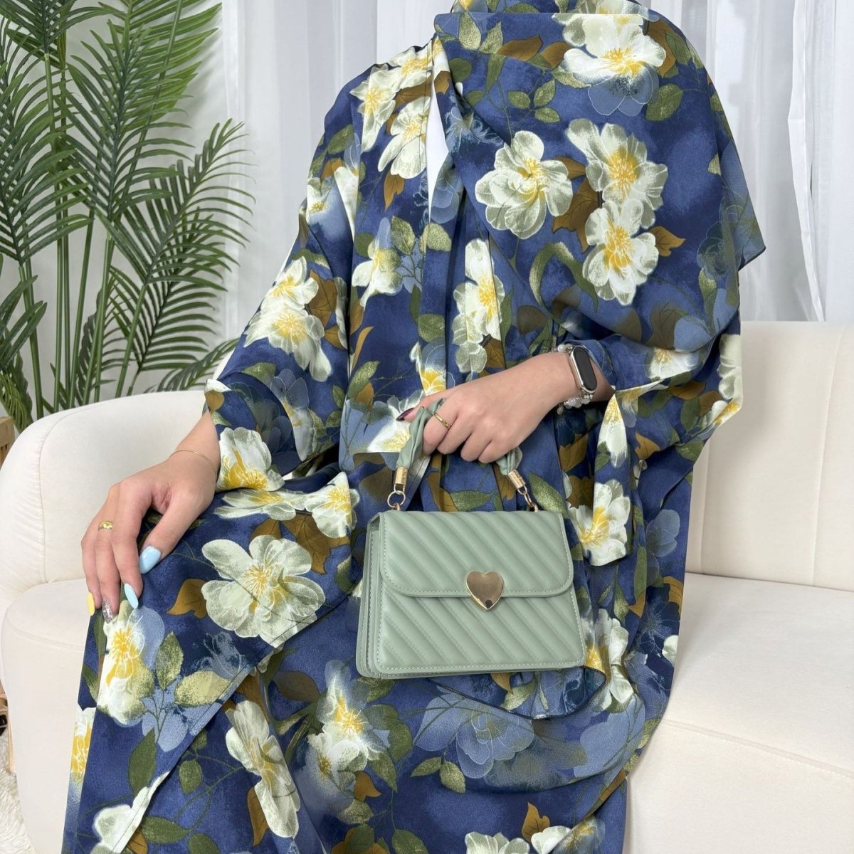 Floral Print Butterfly Sleeve Abaya Set | Resort Style Open - Front Cardigan(MOA256) - Mariam's Collection