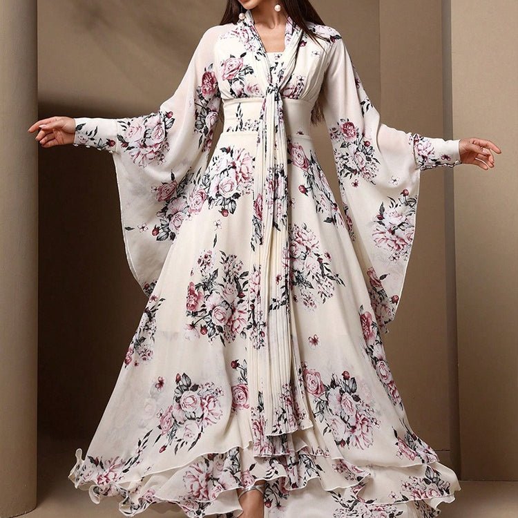 Floral Print Chiffon Kimono Dress(MS371), Apricot / M