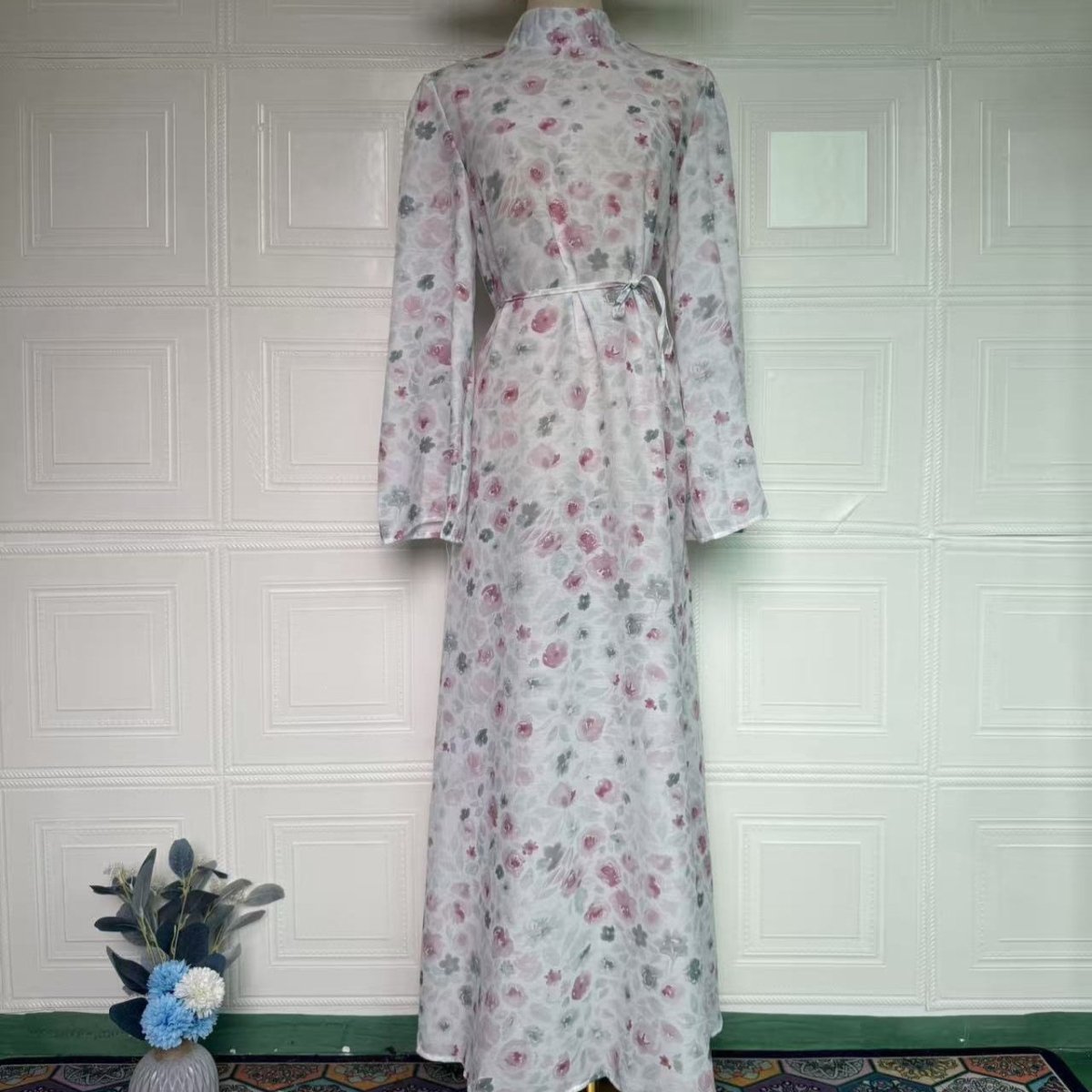 Floral Print Flared-Sleeve Waist Belt Maxi Dress(MS482) - Mariam's Collection
