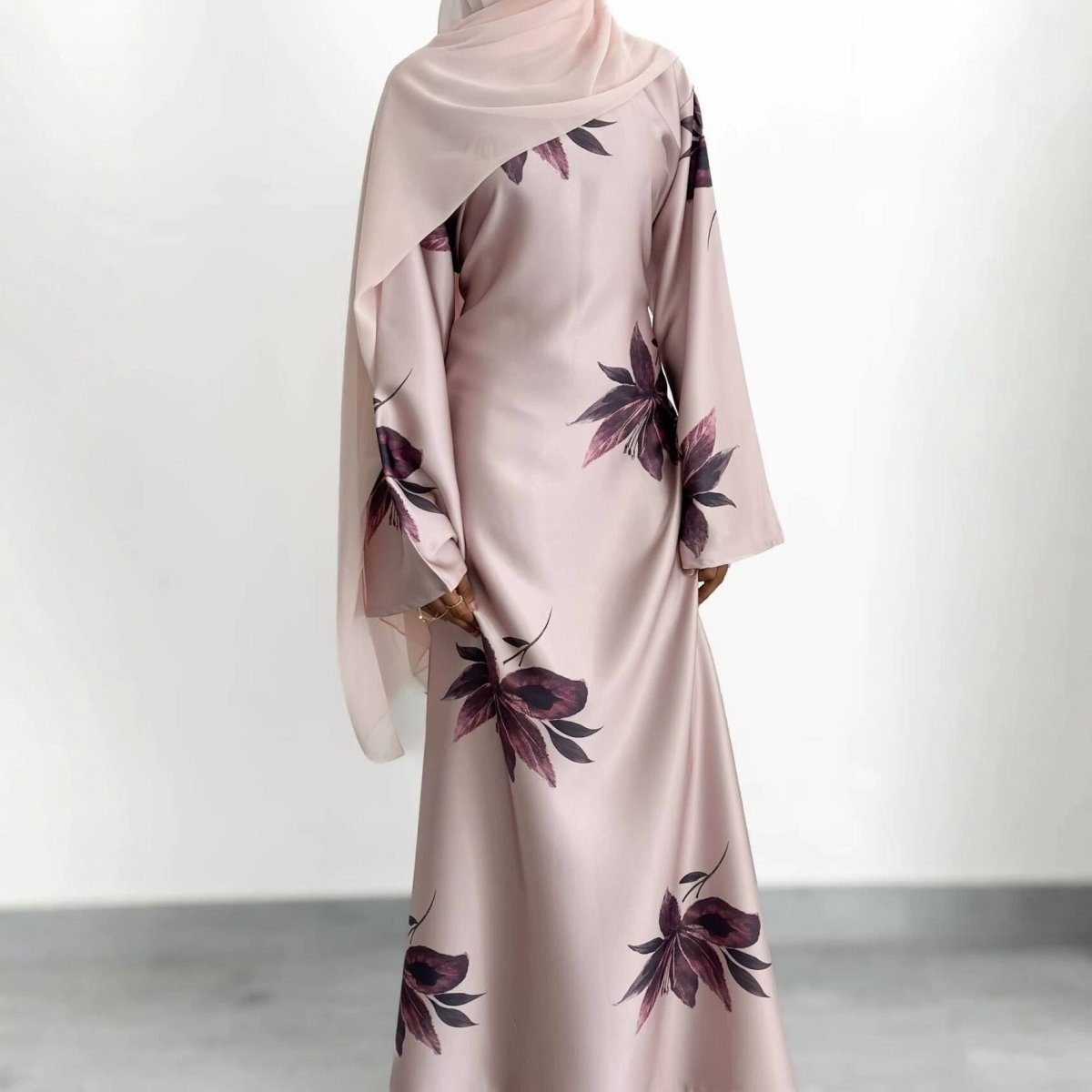 Floral Print Maxi Dress with Cape Sleeves – Modest Floral Abaya