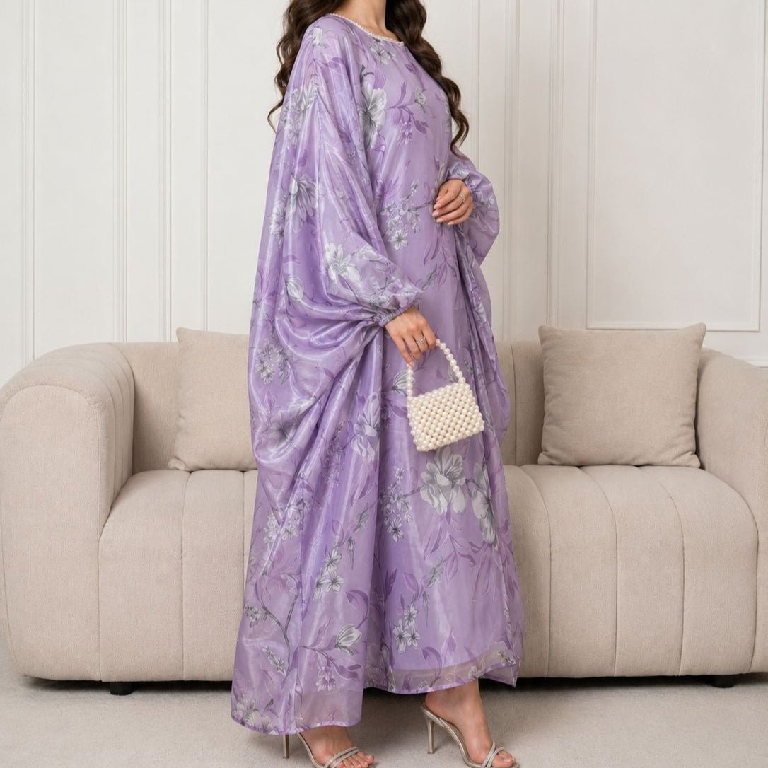 Floral Print Organza-Effect Maxi Dress with Pearl Square Neckline(MA457) - Mariam's Collection