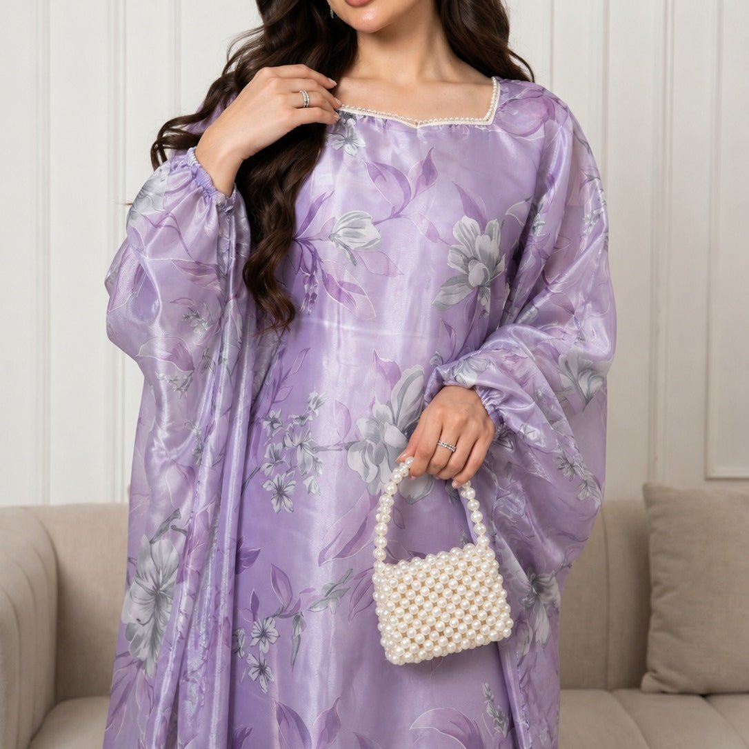 Floral Print Organza-Effect Maxi Dress with Pearl Square Neckline(MA457) - Mariam's Collection