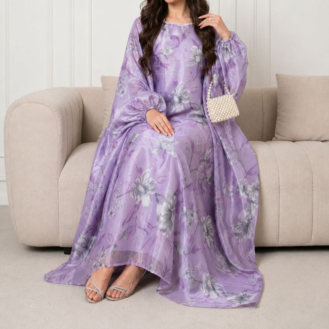 Floral Print Organza-Effect Maxi Dress with Pearl Square Neckline(MA457) - Mariam's Collection