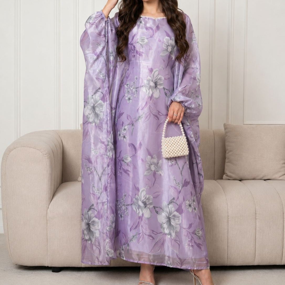 Floral Print Organza-Effect Maxi Dress with Pearl Square Neckline(MA457) - Mariam's Collection