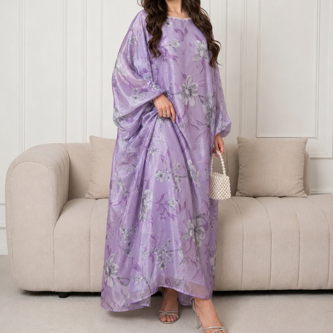 Floral Print Organza-Effect Maxi Dress with Pearl Square Neckline(MA457) - Mariam's Collection