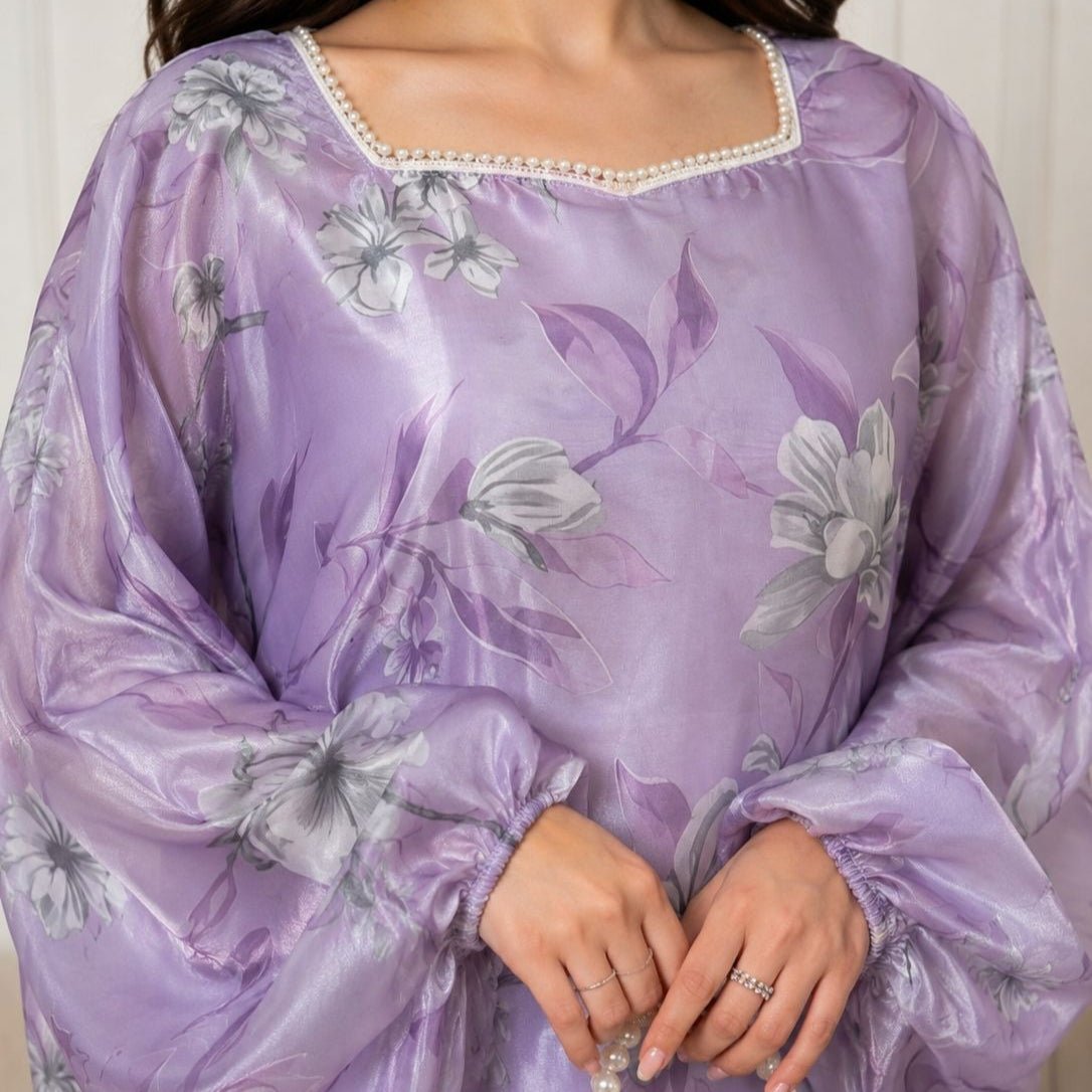 Floral Print Organza-Effect Maxi Dress with Pearl Square Neckline(MA457) - Mariam's Collection