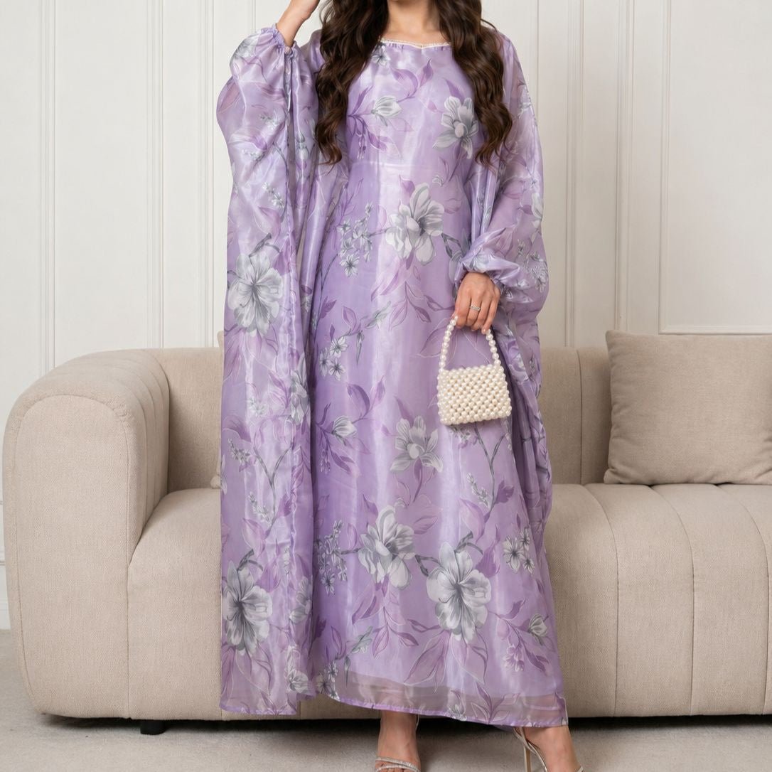 Floral Print Organza-Effect Maxi Dress with Pearl Square Neckline(MA457) - Mariam's Collection