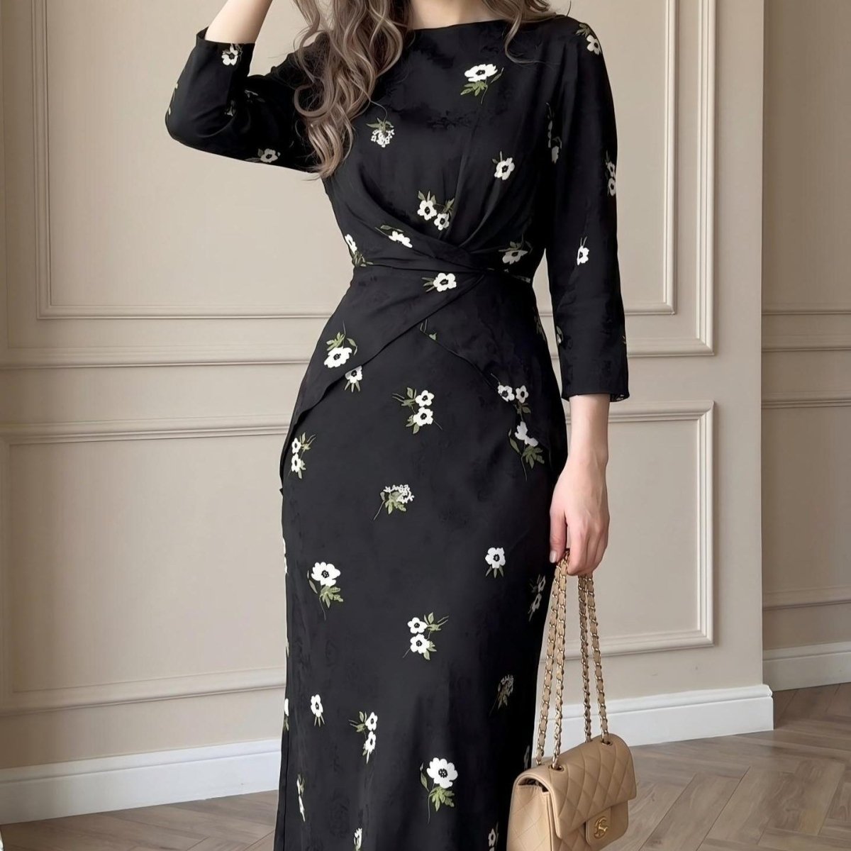Floral Print Twist-Front Midi Dress – Holiday & Work Abaya