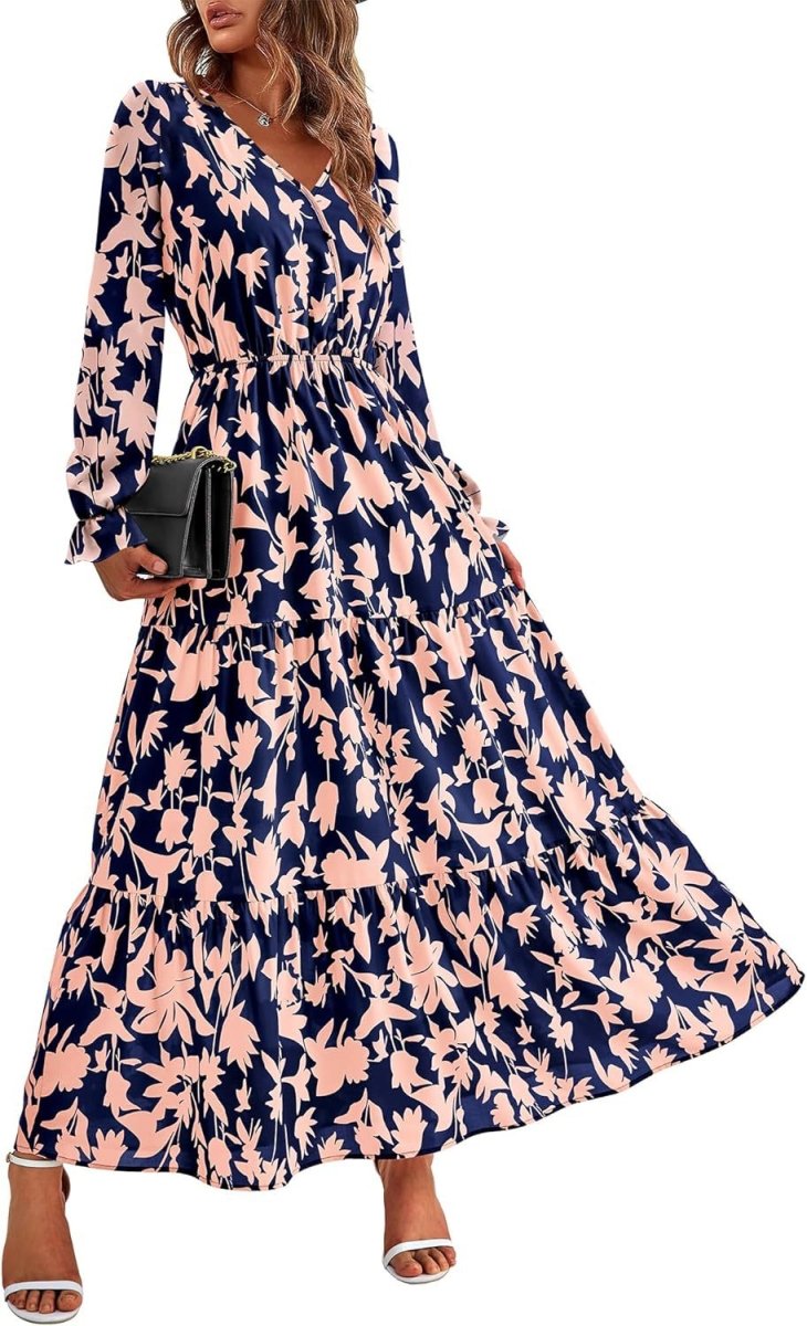 Floral Print V - Neck Midi Dress | Long Sleeve Elastic Waist Dress(MS271) - Mariam's Collection