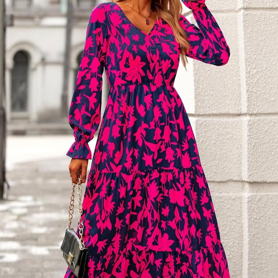 Floral Print V - Neck Midi Dress | Long Sleeve Elastic Waist Dress(MS271) - Mariam's Collection