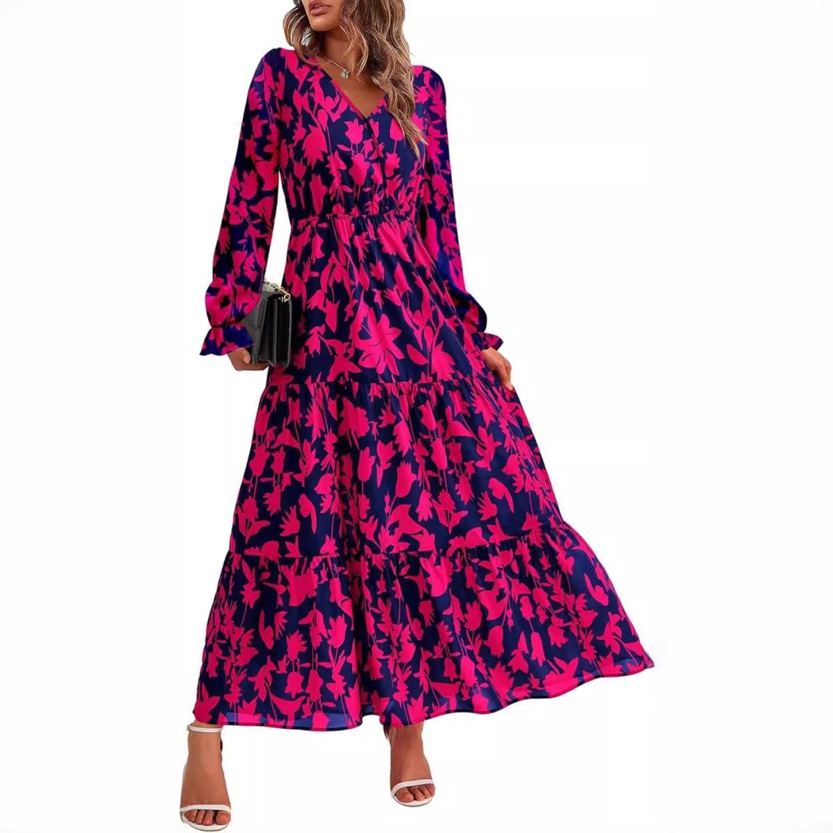 Floral Print V - Neck Midi Dress | Long Sleeve Elastic Waist Dress(MS271) - Mariam's Collection