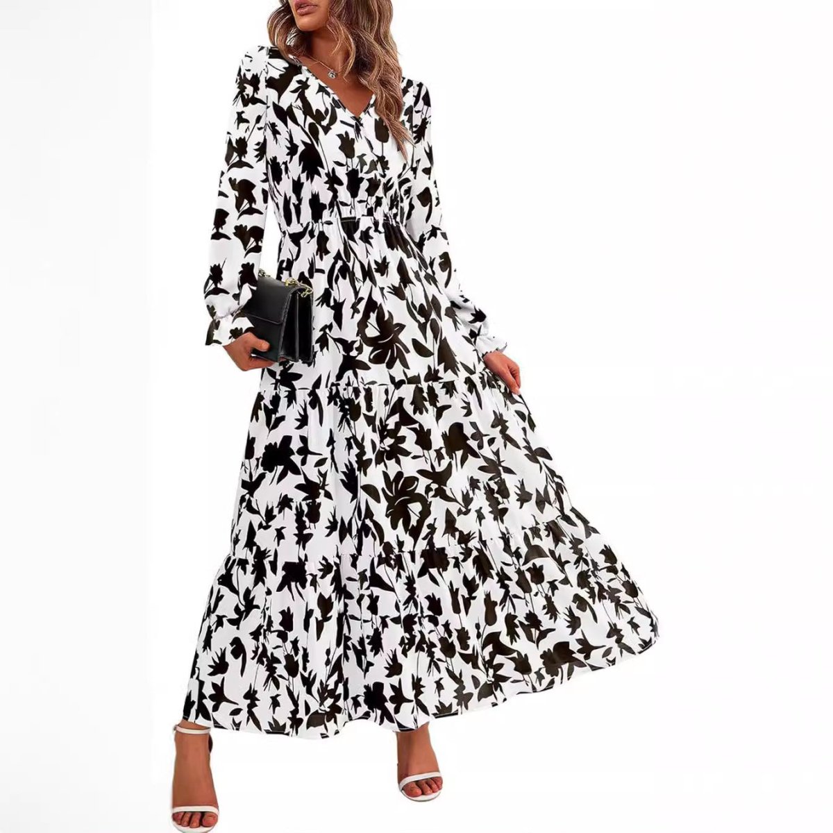 Floral Print V - Neck Midi Dress | Long Sleeve Elastic Waist Dress(MS271) - Mariam's Collection