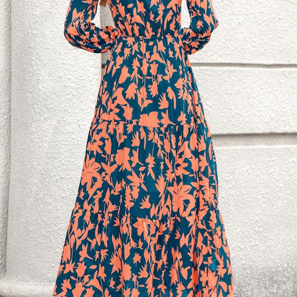 Floral Print V - Neck Midi Dress | Long Sleeve Elastic Waist Dress(MS271) - Mariam's Collection