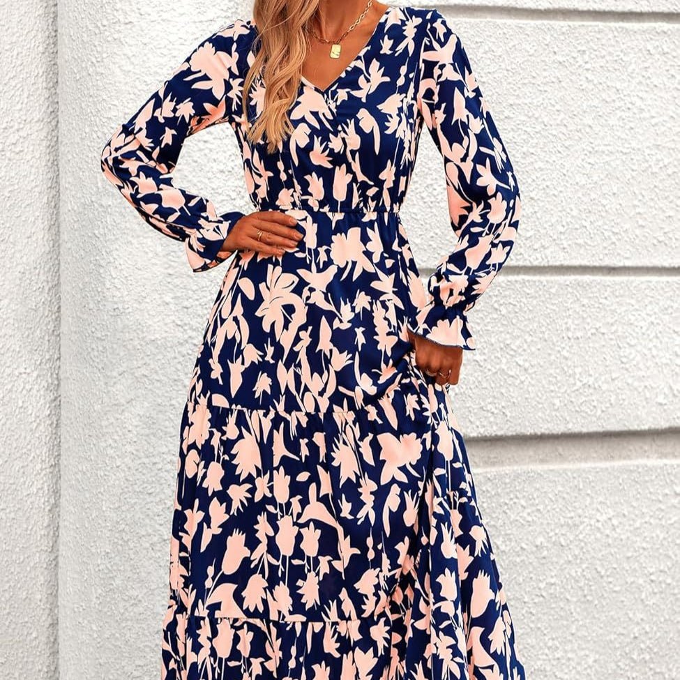 Floral Print V - Neck Midi Dress | Long Sleeve Elastic Waist Dress(MS271) - Mariam's Collection