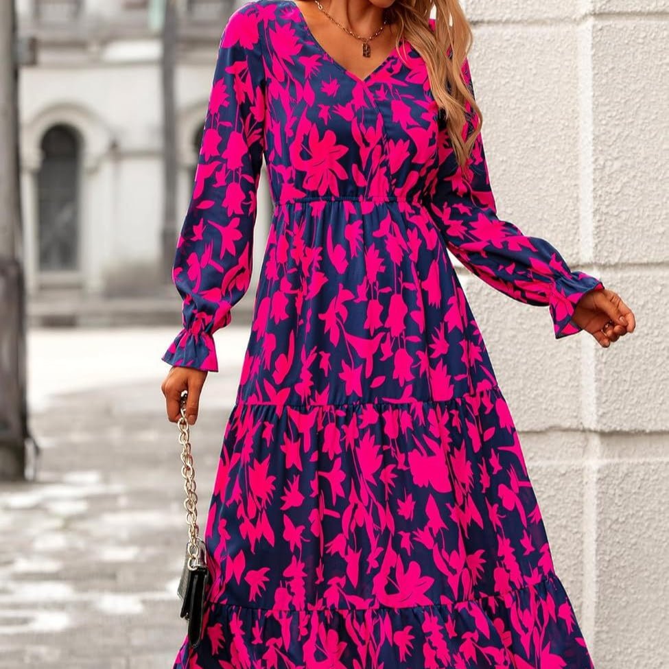 Floral Print V - Neck Midi Dress | Long Sleeve Elastic Waist Dress(MS271) - Mariam's Collection