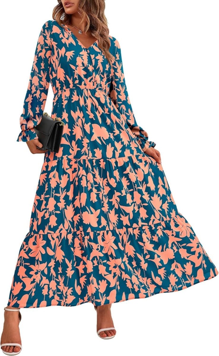 Floral Print V - Neck Midi Dress | Long Sleeve Elastic Waist Dress(MS271) - Mariam's Collection
