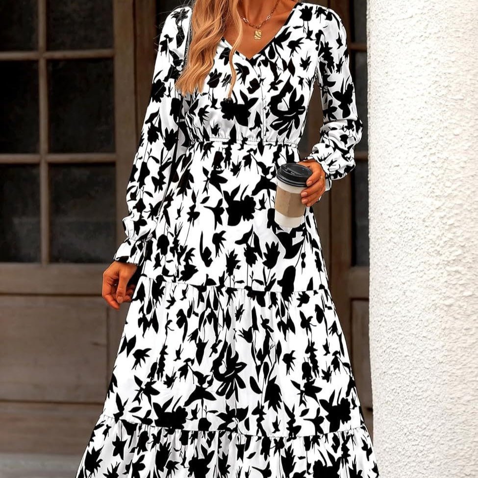 Floral Print V - Neck Midi Dress | Long Sleeve Elastic Waist Dress(MS271) - Mariam's Collection