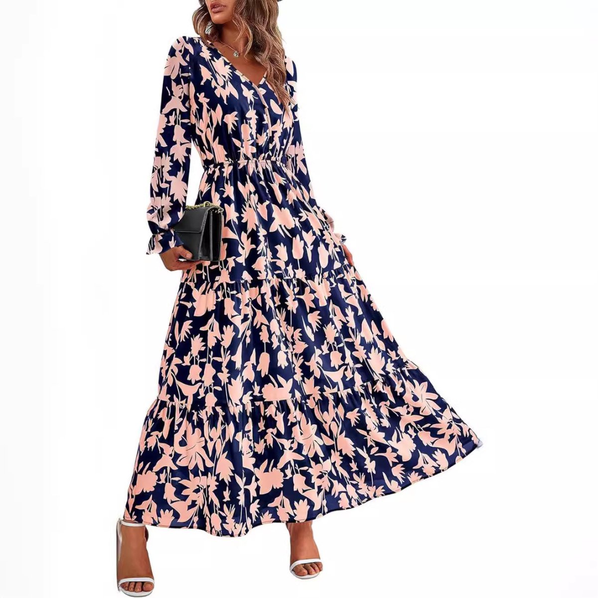 Floral Print V - Neck Midi Dress | Long Sleeve Elastic Waist Dress(MS271) - Mariam's Collection