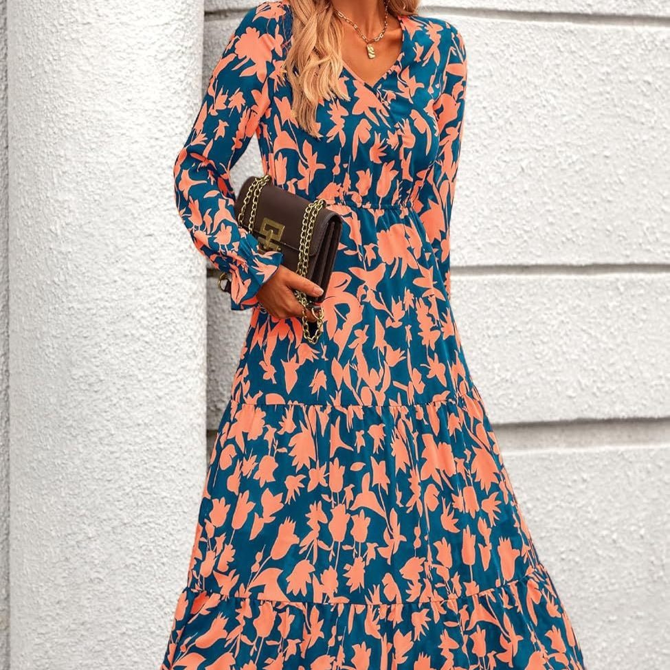 Floral Print V - Neck Midi Dress | Long Sleeve Elastic Waist Dress(MS271) - Mariam's Collection