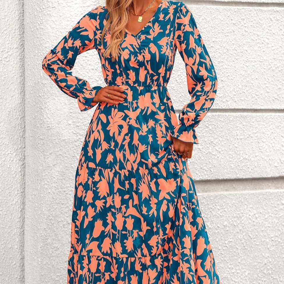 Floral Print V - Neck Midi Dress | Long Sleeve Elastic Waist Dress(MS271) - Mariam's Collection