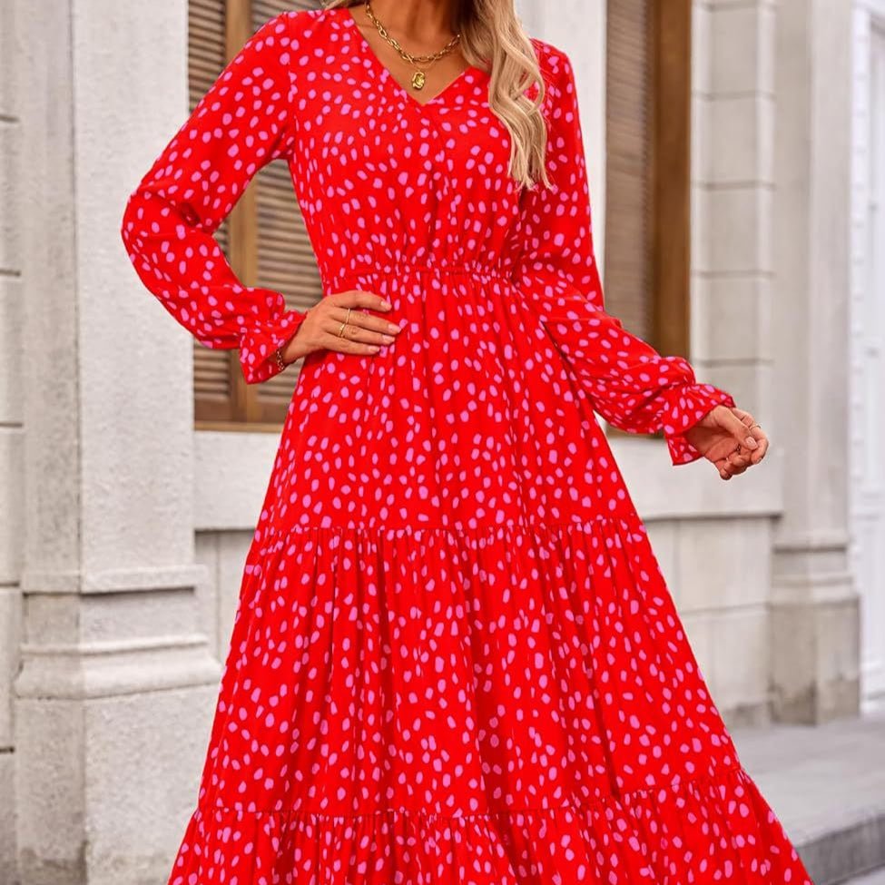Floral Print V - Neck Midi Dress | Long Sleeve Elastic Waist Dress(MS271) - Mariam's Collection