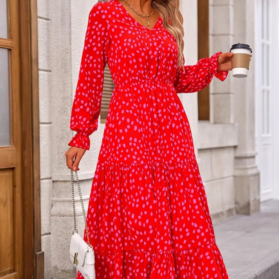Floral Print V - Neck Midi Dress | Long Sleeve Elastic Waist Dress(MS271) - Mariam's Collection