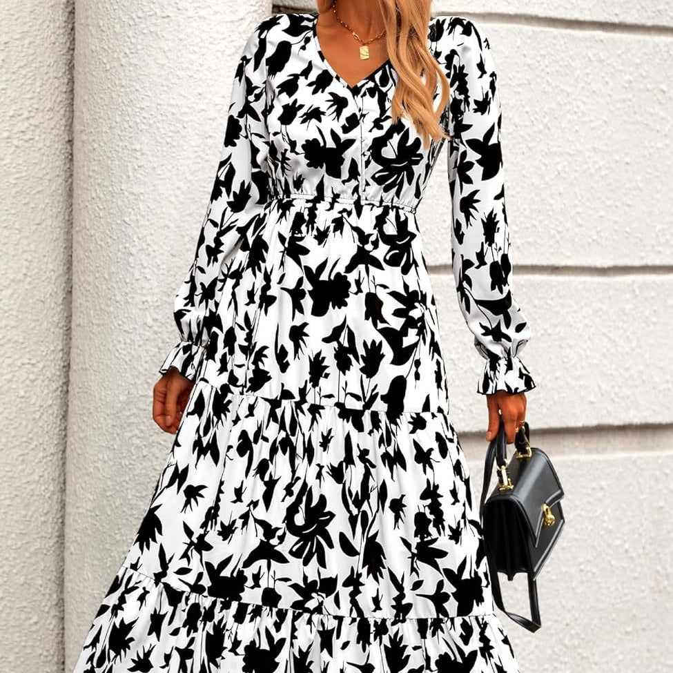 Floral Print V - Neck Midi Dress | Long Sleeve Elastic Waist Dress(MS271) - Mariam's Collection