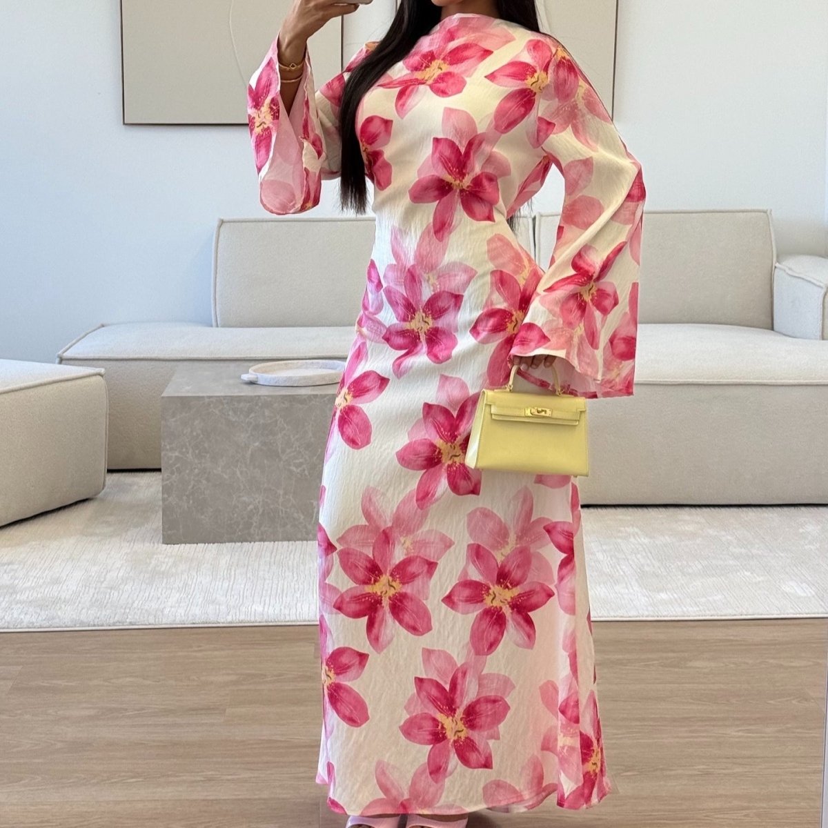 Round neckline close-up on floral maxi dress