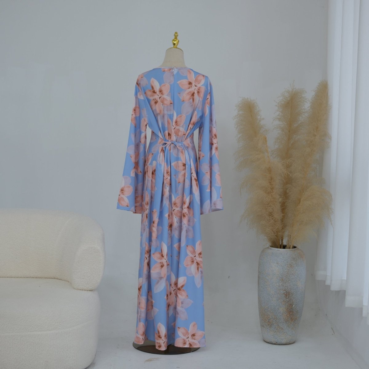 Full outfit editorial of floral crinkle maxi abaya