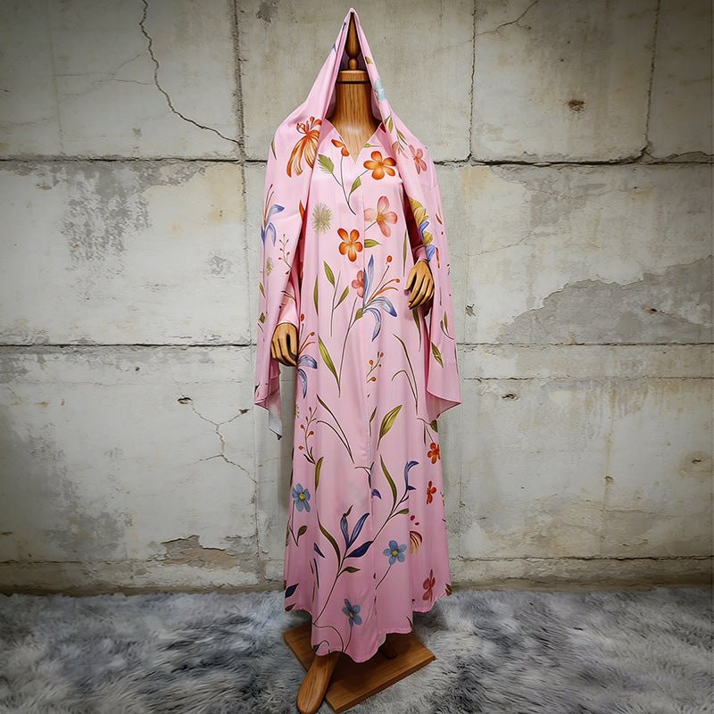 Botanical print abaya set in purple with generous modest coverage