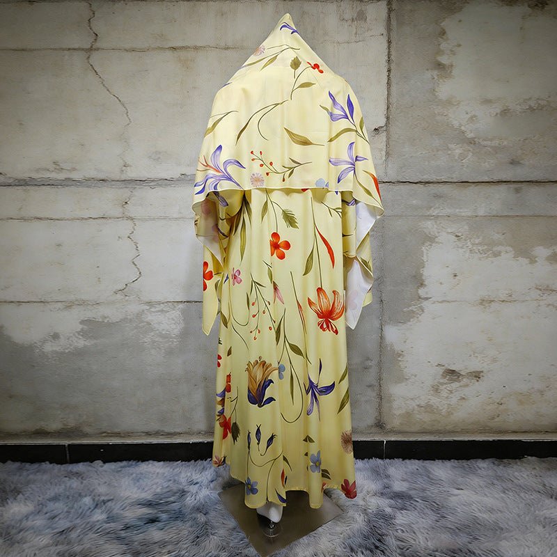Botanical print modest abaya set in blue with vibrant floral pattern
