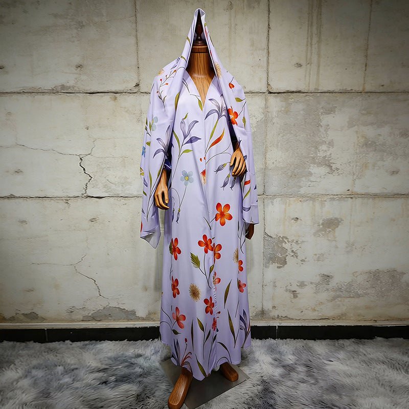 White floral printed abaya with matching hijab and relaxed drape