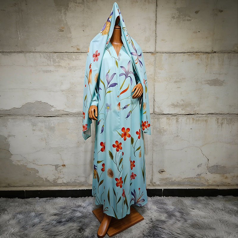 Floral oversized abaya with hijab in pink with flowing silhouette