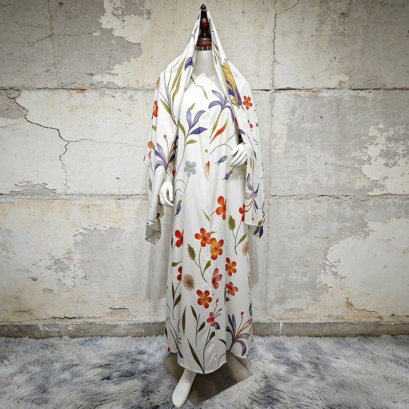 Floral oversized modest abaya with vibrant botanical print design