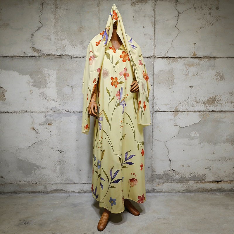Floral printed oversized abaya in yellow with matching hijab
