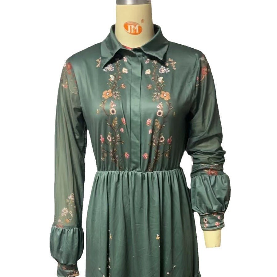 Floral Printer Shirt Dress | Elegant Collar Button - Front Gown Abaya(MA381) - Mariam's Collection