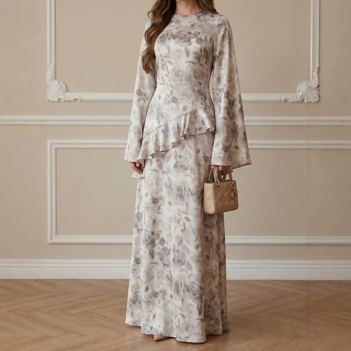 Floral Satin Maxi Dress – Watercolour Rose Bell Sleeve Dress